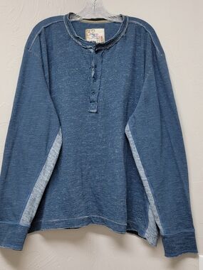 32 Bar Blues Snap Henley Shirt Men Heather Blue Gray Elbow Patch Longsleeve XXL